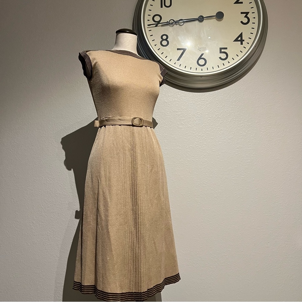 Vintage Beige Knit Belted Midi Dress with Chocolate Trim